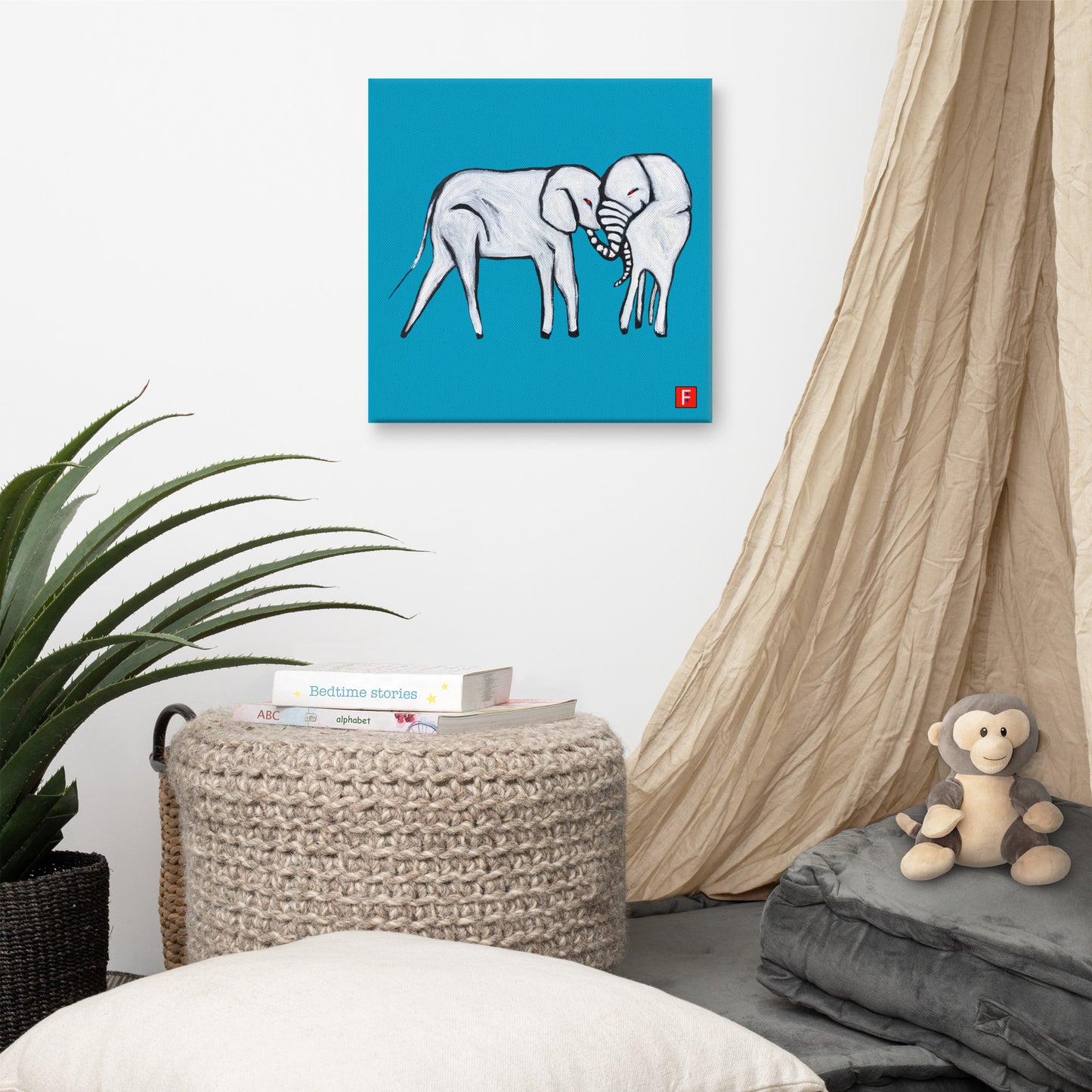 Canvas (16" X 16") Elephants blue background