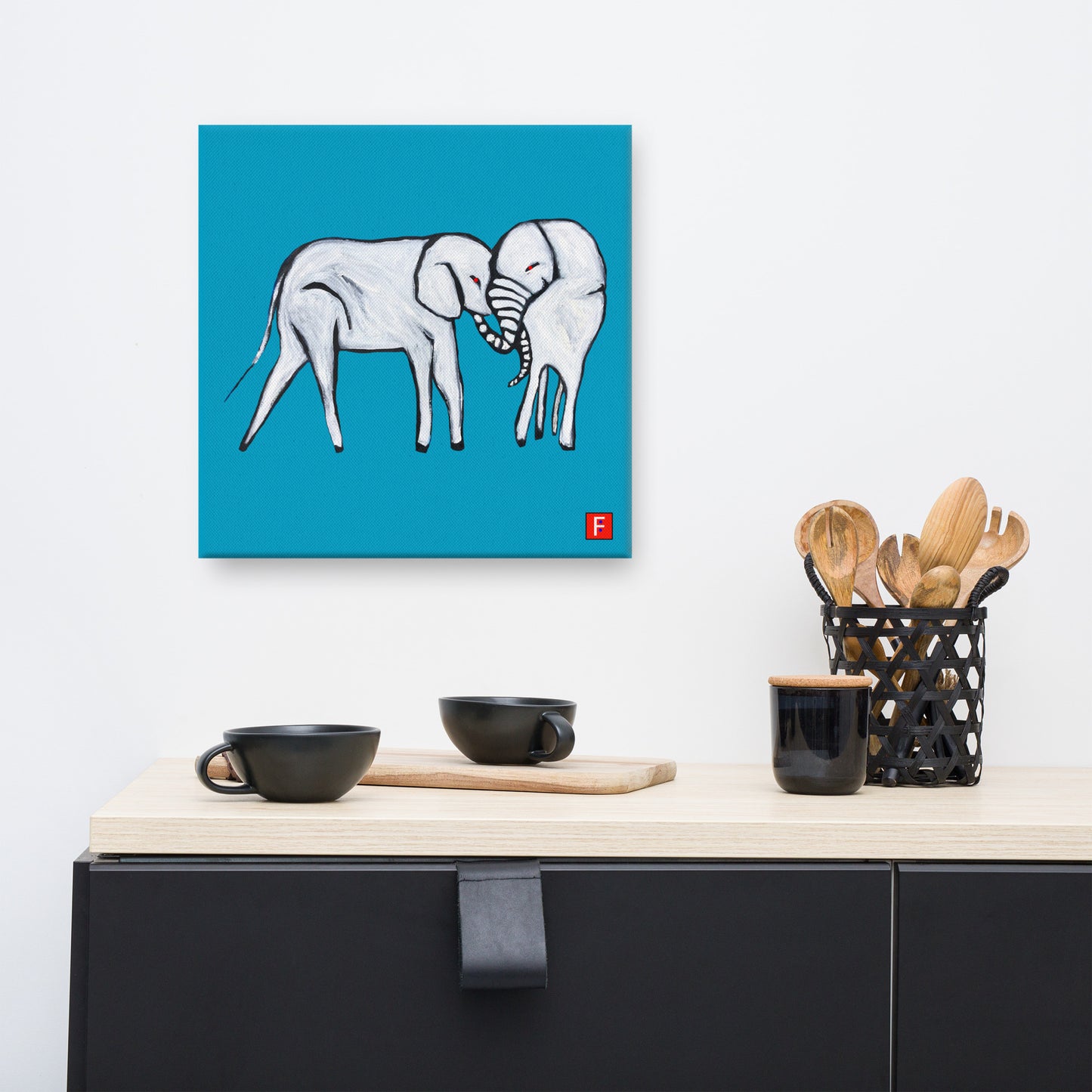 Canvas (16" X 16") Elephants blue background