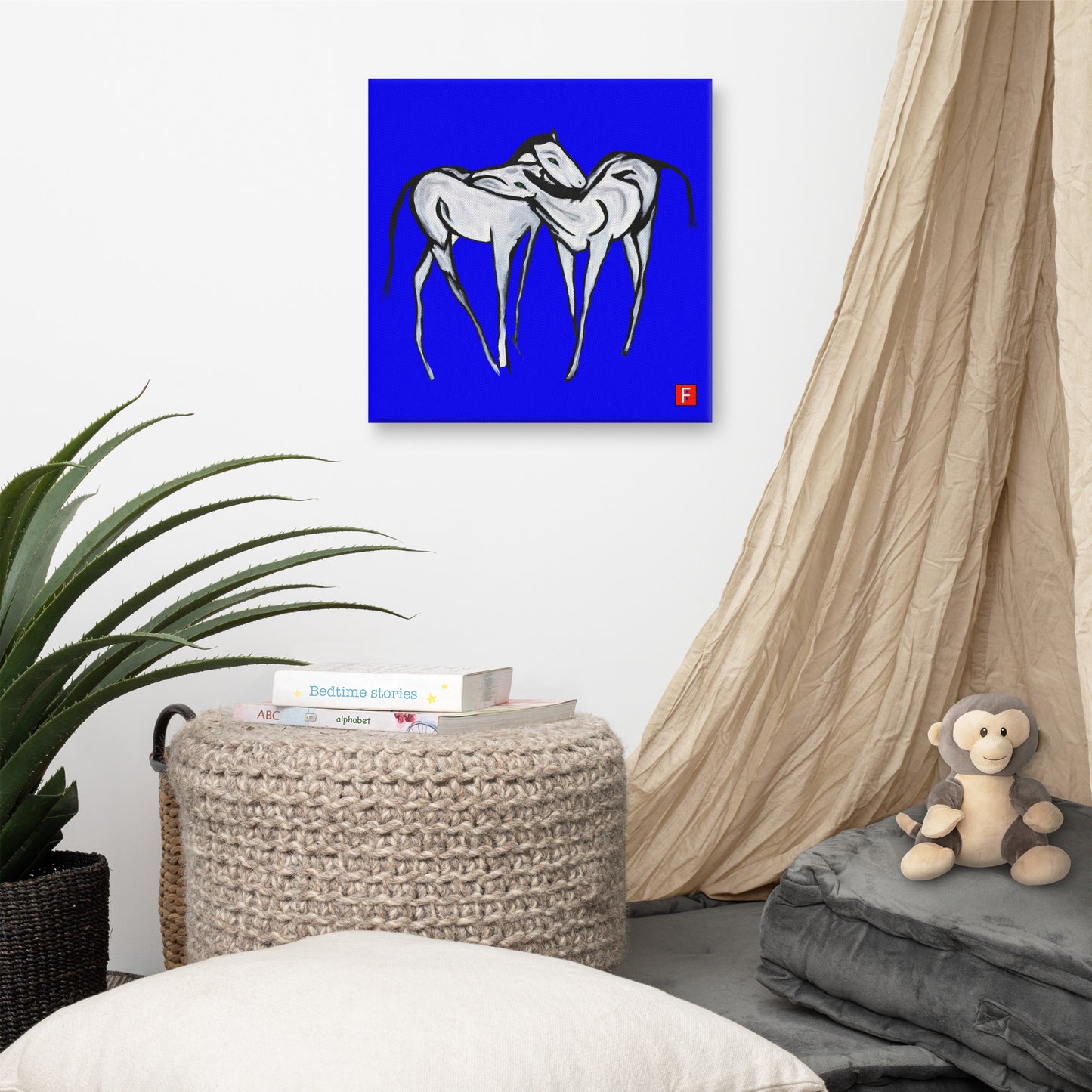 Canvas (16" X 16") Horses Blue background