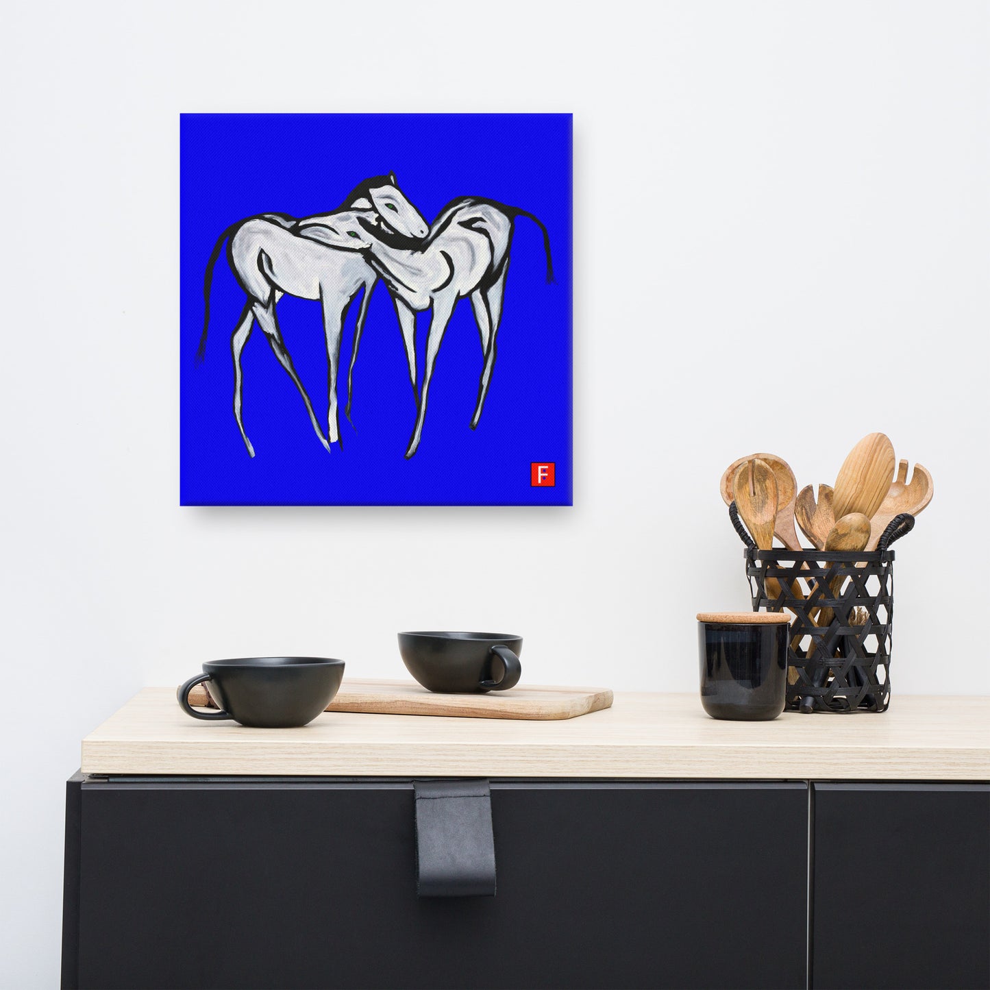 Canvas (16" X 16") Horses Blue background
