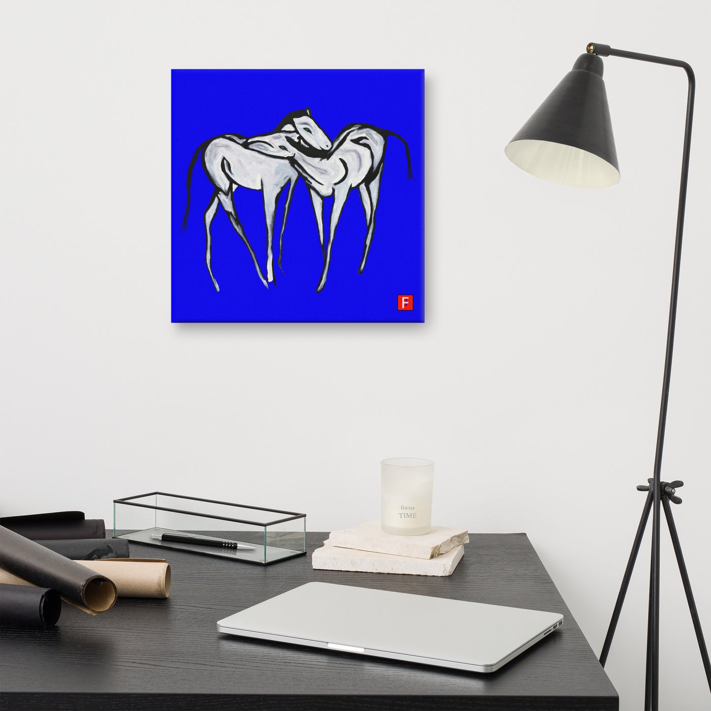 Canvas (16" X 16") Horses Blue background