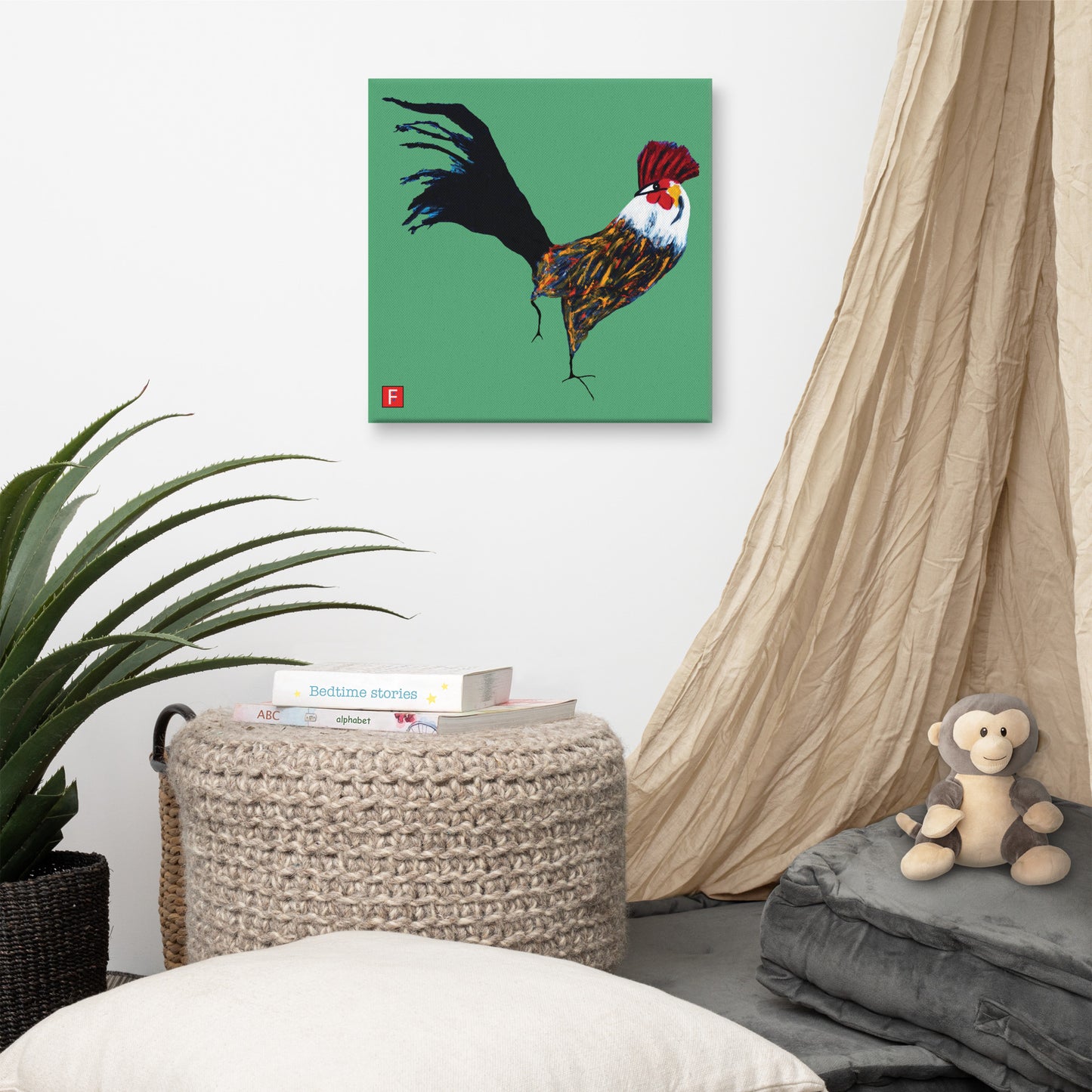 Canvas (16" X 16") Rooster Green background