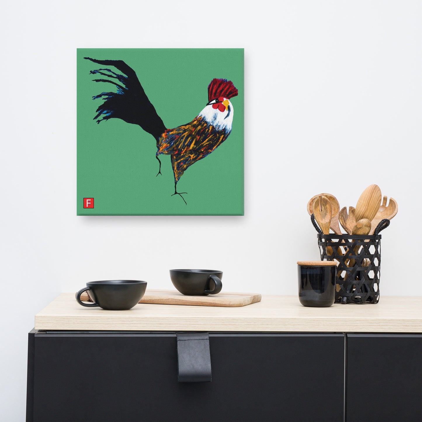 Canvas (16" X 16") Rooster Green background