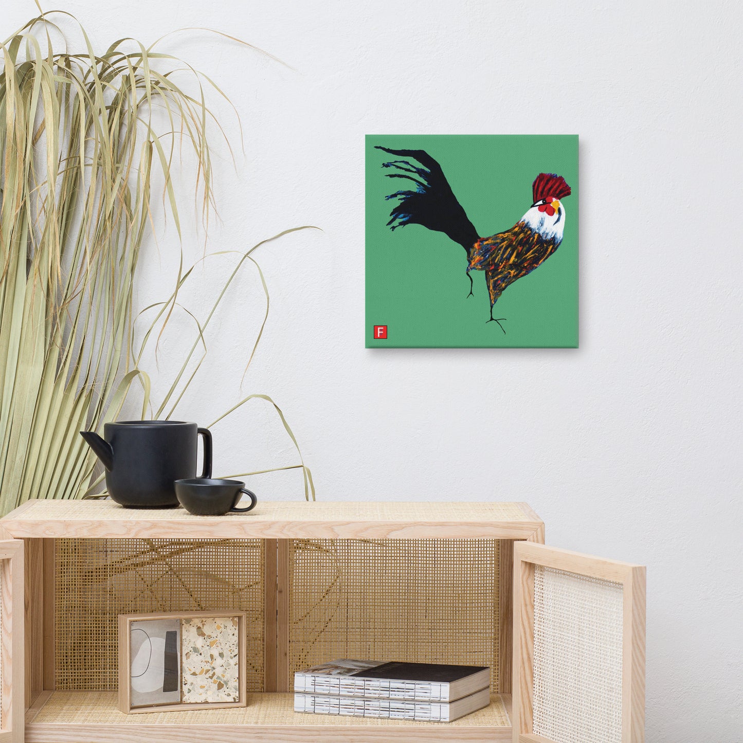 Canvas (16" X 16") Rooster Green background