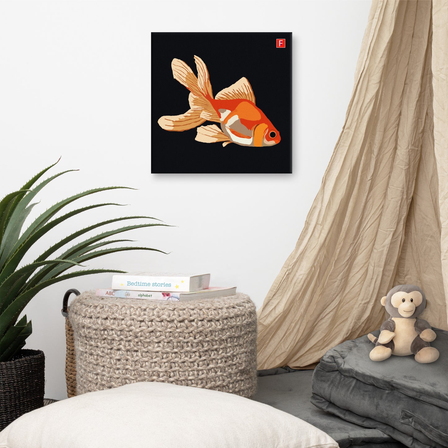 Canvas (16" X 16") Goldfish black background