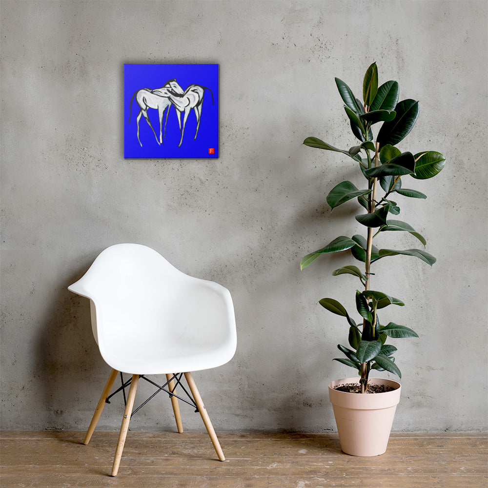 Canvas (16" X 16") Horses Blue background