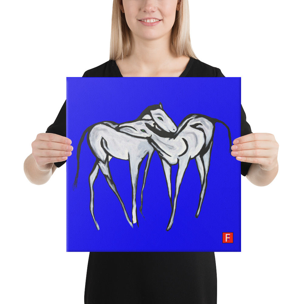 Canvas (16" X 16") Horses Blue background