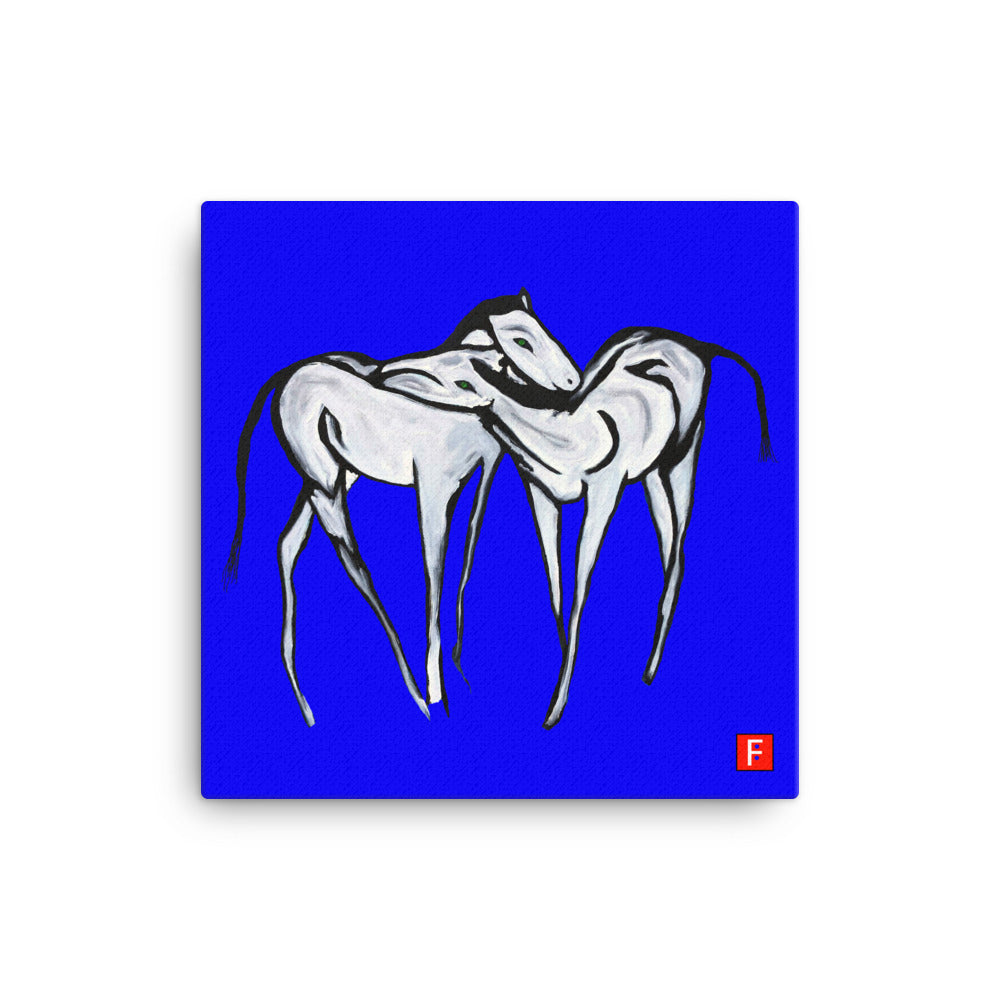 Canvas (16" X 16") Horses Blue background