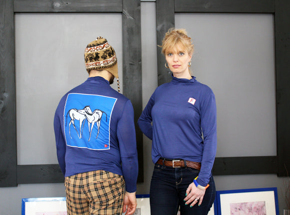 Tight Fitted Dark Blue Long Sleeves Shirt (Unisex) Horses Original Artwork