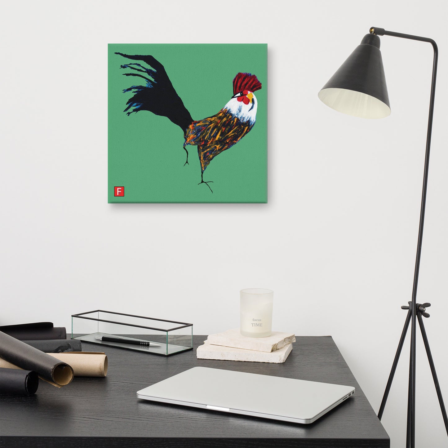 Canvas (16" X 16") Rooster Green background