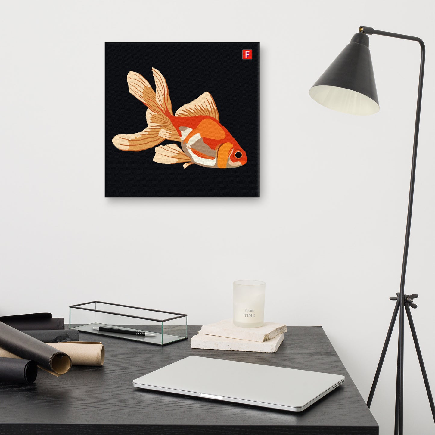 Canvas (16" X 16") Goldfish black background