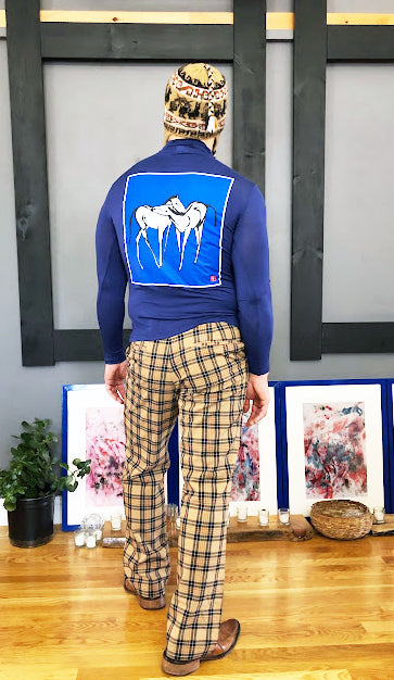 Tight Fitted Dark Blue Long Sleeves Shirt (Unisex) Horses Original Artwork