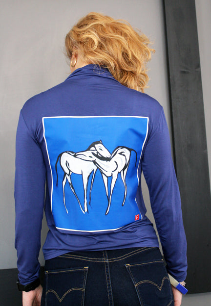 Tight Fitted Dark Blue Long Sleeves Shirt (Unisex) Horses Original Artwork